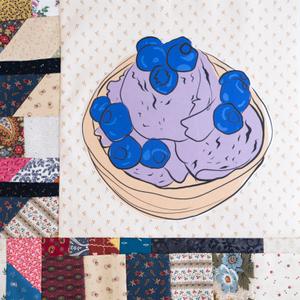 A dish of icecream and blueberries.