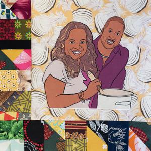 Pat and Gina Neely smiling next to a pot and spoon.