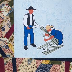 An African American man holding a large knife and an African American woman gathering stalks of sugarcane.