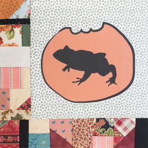 A bitten cookie with a frong on it.