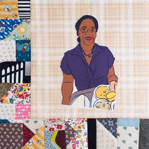 Irene Cleaves holding a tray of food.